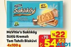 ÜLKER MCVİTİE'S SAKLIKÖY SÜTLÜ KREMALI TAM TAHILLI BİSKÜVİ 4X100 G fiyat ve kampanya bilgisi